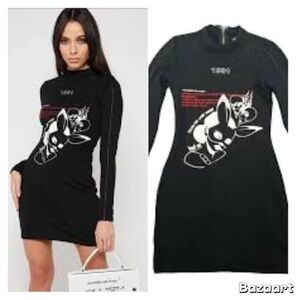 Maniere De Voir Black “Follow The White Rabbit” Bodycon Dress – Size 8